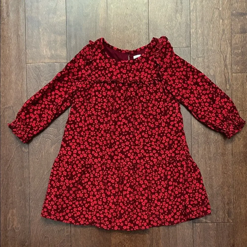 GAP Kid’s Red Floral Corduroy Tiered Dress, Perfect for Fall, Size 4T